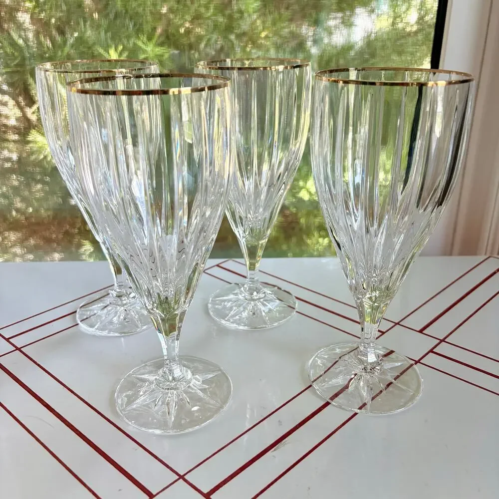 Vintage Mikasa Golden Tiara Crystal Iced Tea Goblets Gold Rim Set of 4